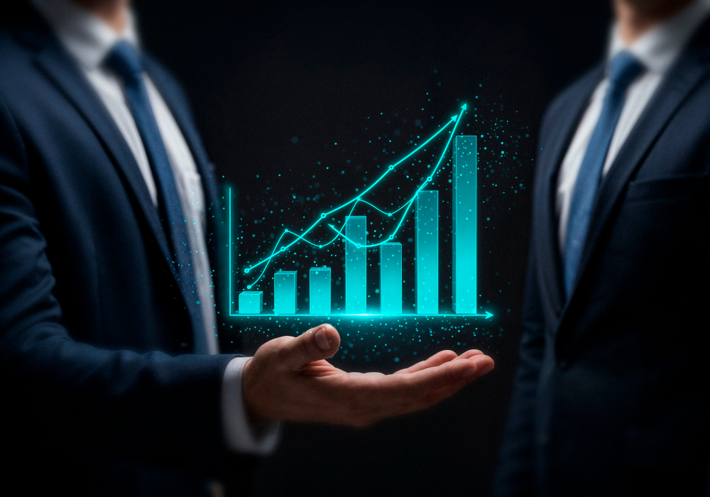 Business Setup concept showing professionals presenting a glowing financial growth chart with rising bars and upward trend, symbolizing business expansion and success.